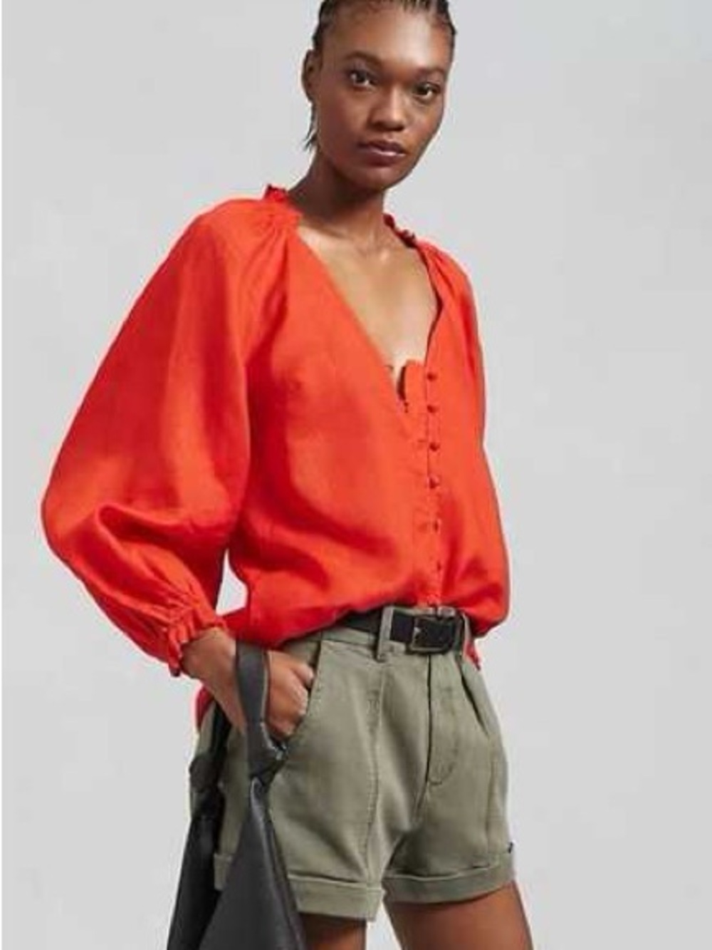 Maeve Anthropologie Red Linen V-Neck Balloon Sleeve Button-Front Blouse
